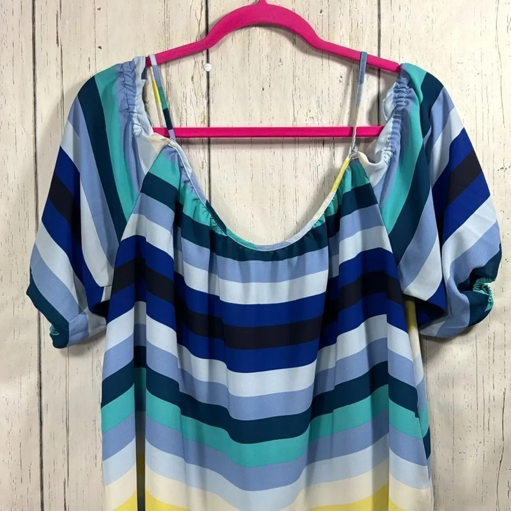 New York & Company Stripes Off The Shoulder Blue Coastal Nautical Blouse